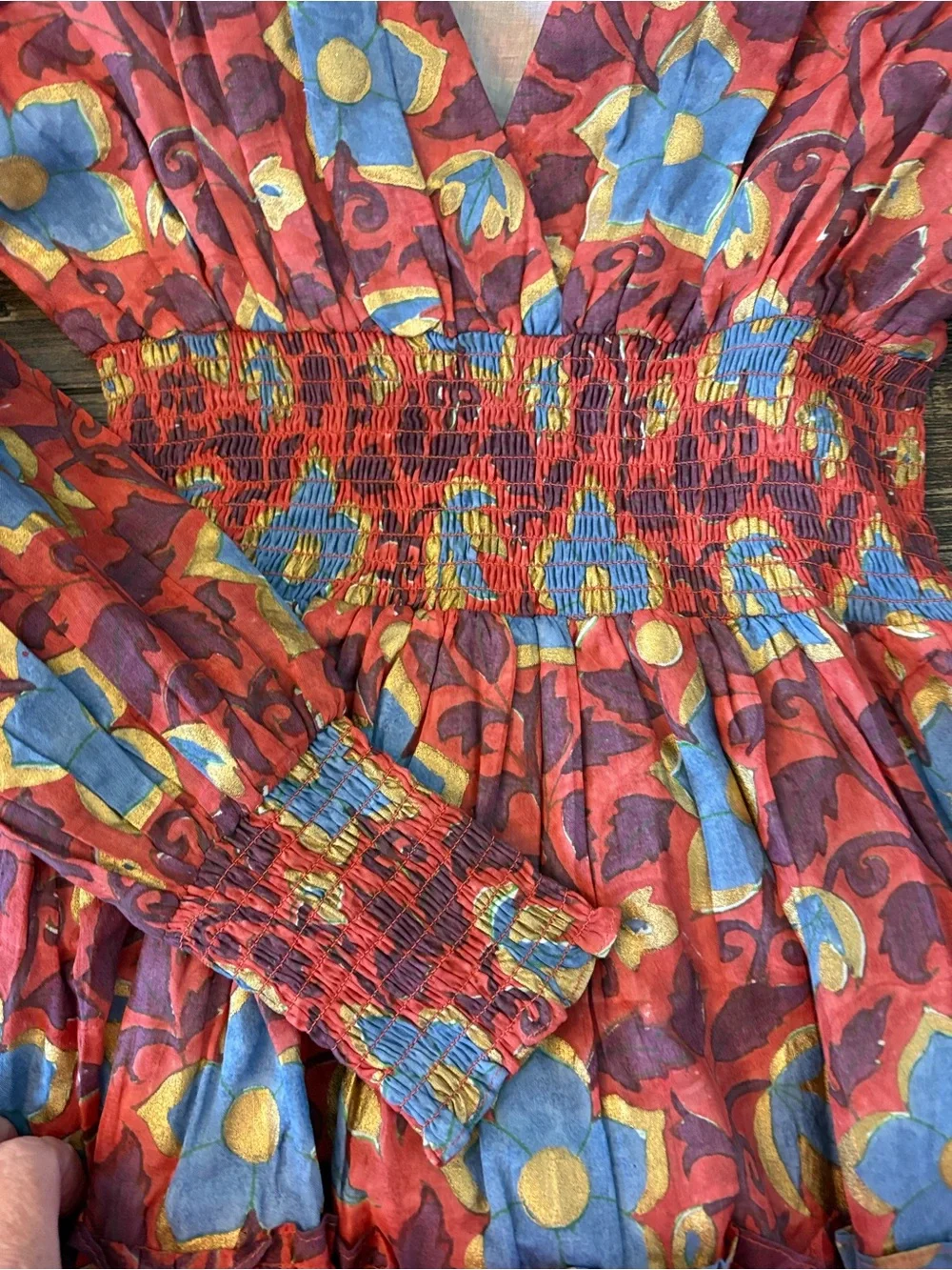 Oliphant V-Neck Smocked Waist Midi Dress Womens M Kildare Red NWT Floral Gold
